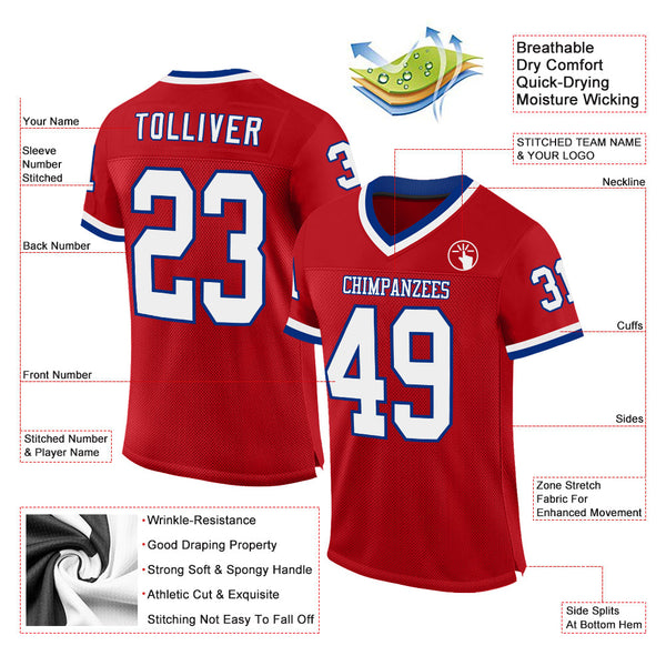Custom Red White-Royal Mesh Authentic Throwback Football Jersey alternate