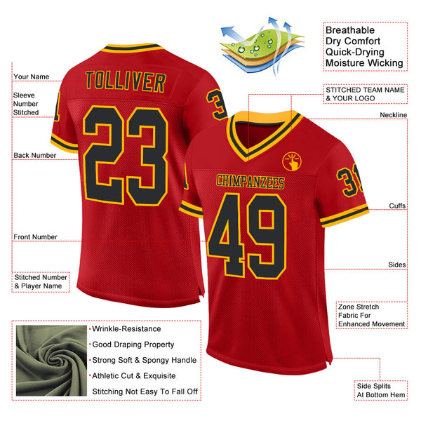 Custom Red Black-Gold Mesh Authentic Throwback Football Jersey alternate