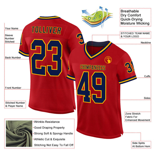 Custom Red Navy-Gold Mesh Authentic Throwback Football Jersey alternate