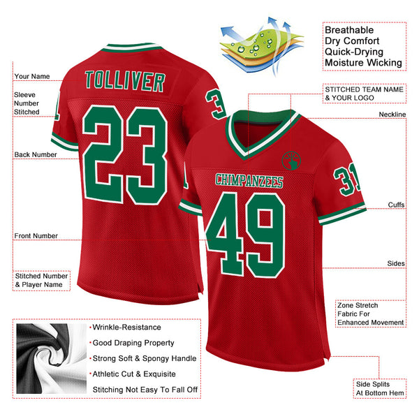 Custom Red Kelly Green-White Mesh Authentic Throwback Football Jersey alternate