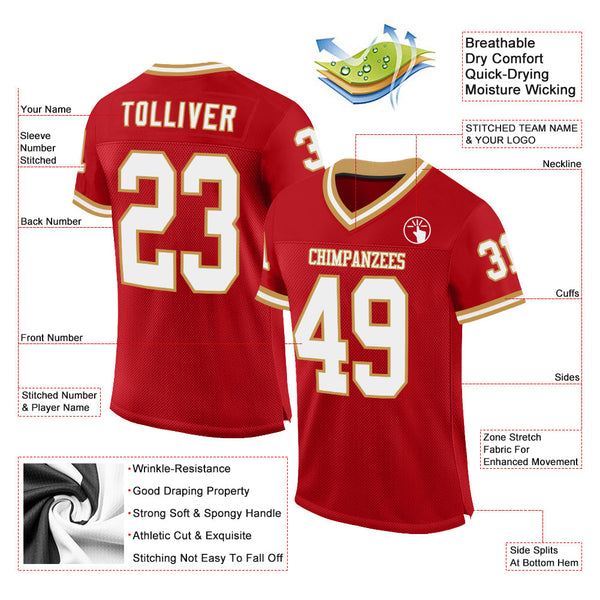 Custom Red White-Old Gold Mesh Authentic Throwback Football Jersey alternate