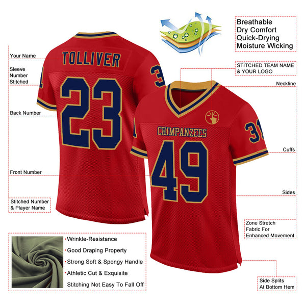 Custom Red Navy-Old Gold Mesh Authentic Throwback Football Jersey alternate