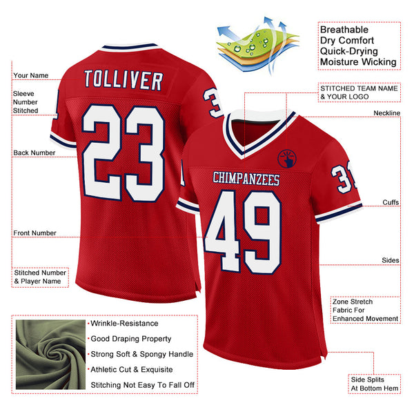 Custom Red White-Navy Mesh Authentic Throwback Football Jersey alternate