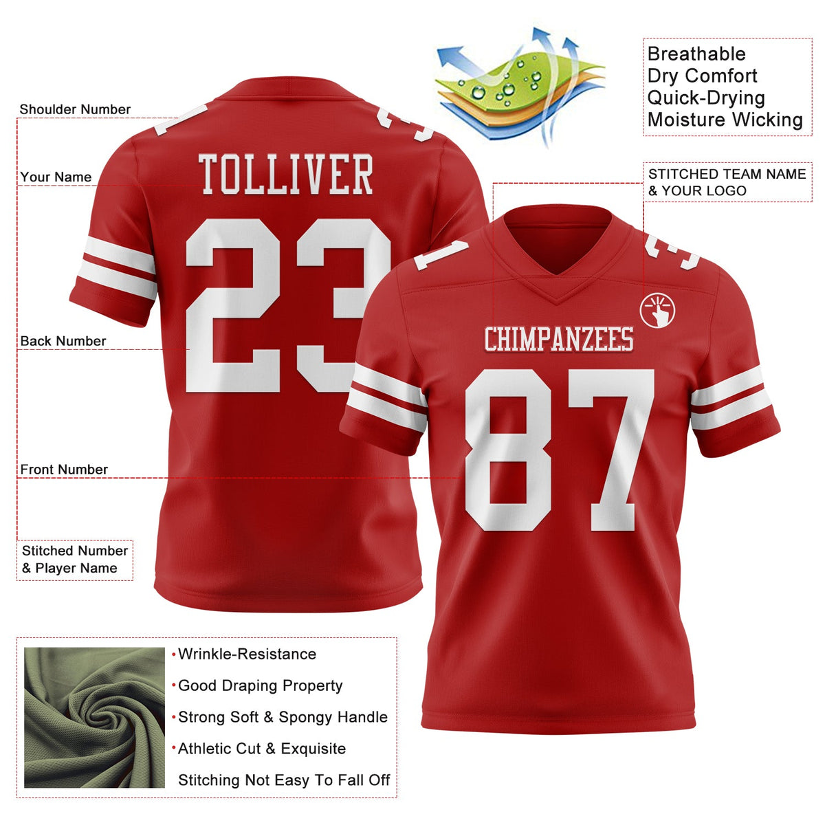 Custom Red White Authentic Football Jersey - Front