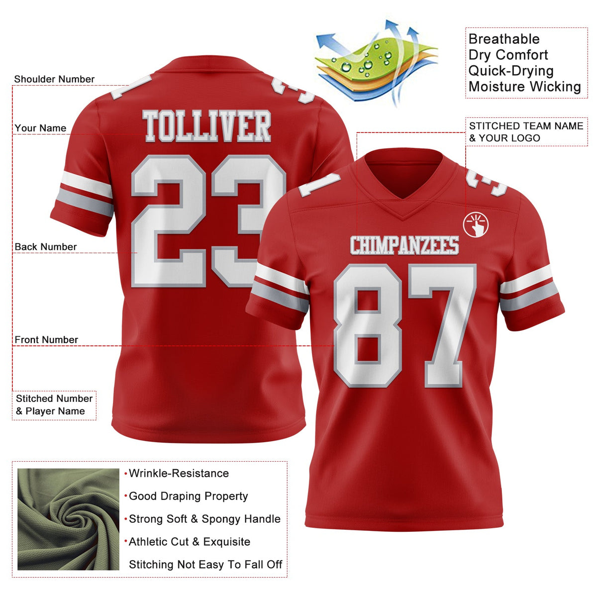 Custom Red White-Gray Authentic Football Jersey - Front