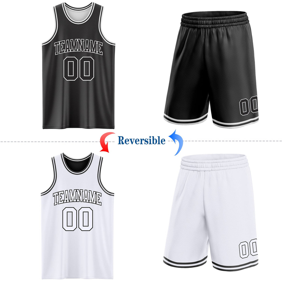 Custom Reversible Black White Double Side Sublimation Basketball Set Jersey - Back