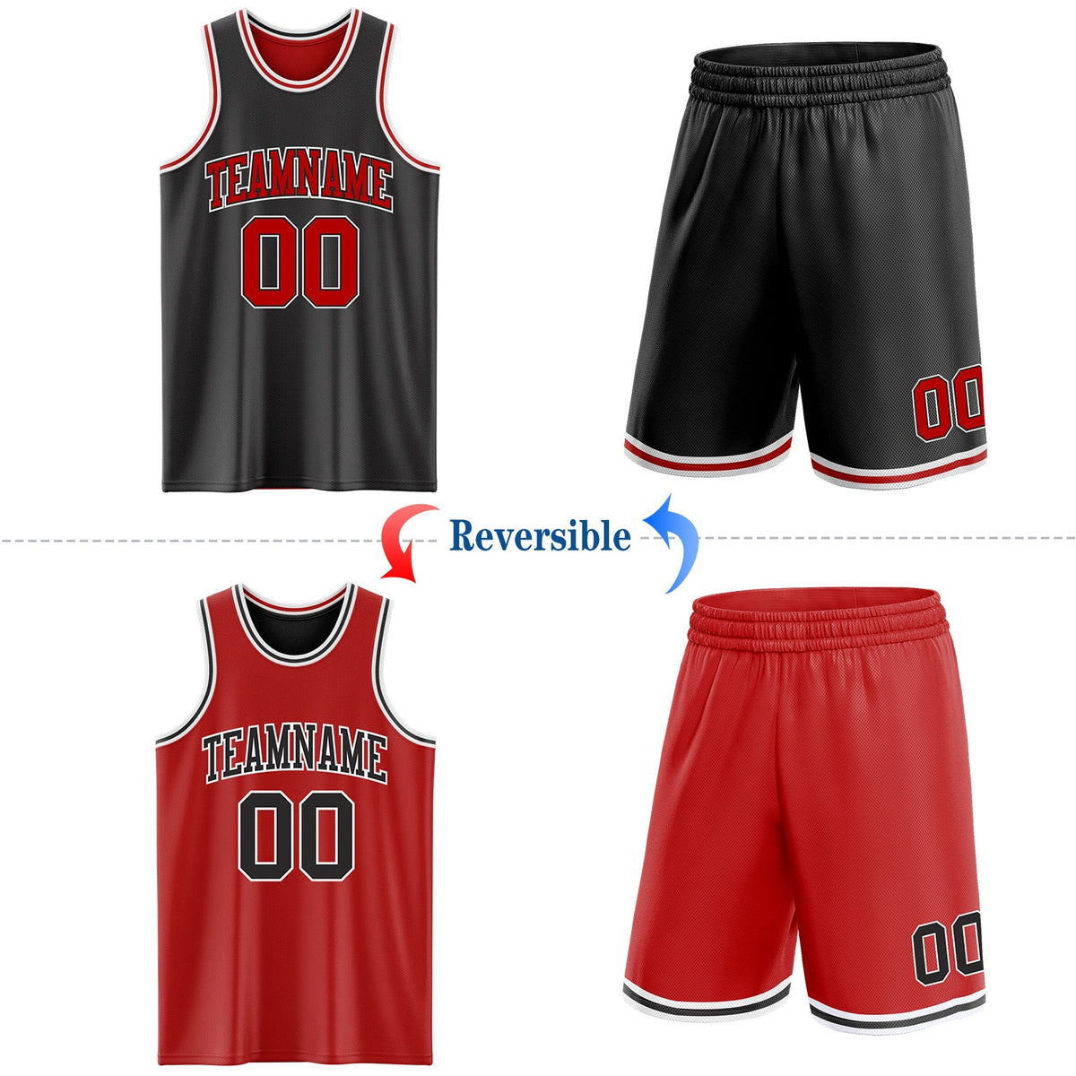 Custom Reversible Black Red-White Double Side Sublimation Basketball Set Jersey - Back