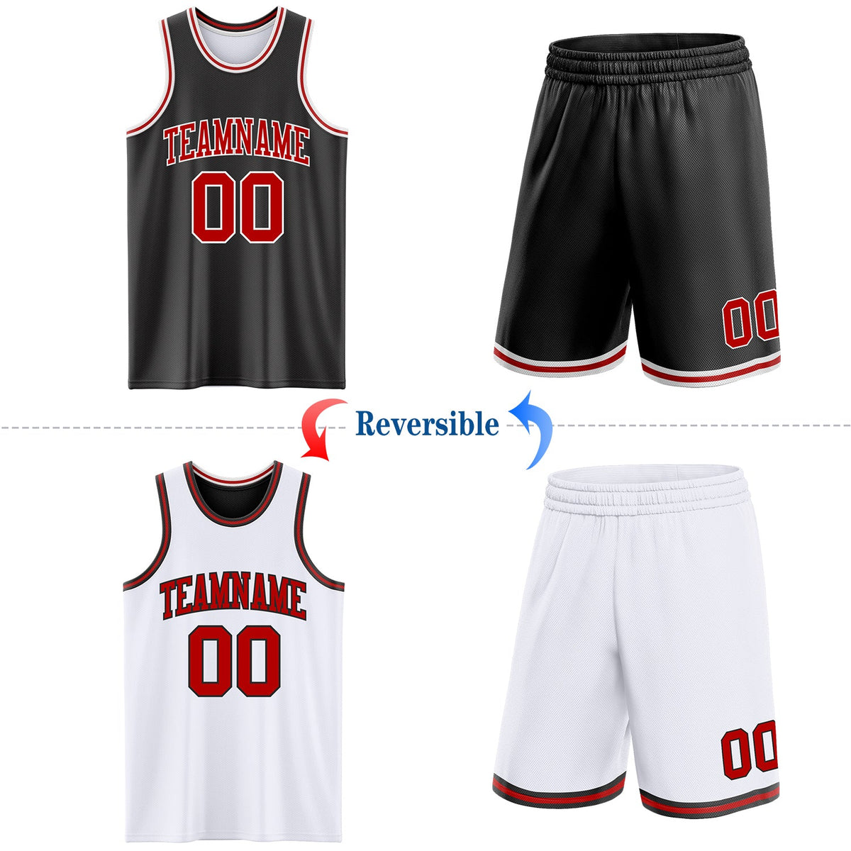 Custom Reversible Black Red-White Double Side Sublimation Basketball Set Jersey - Back