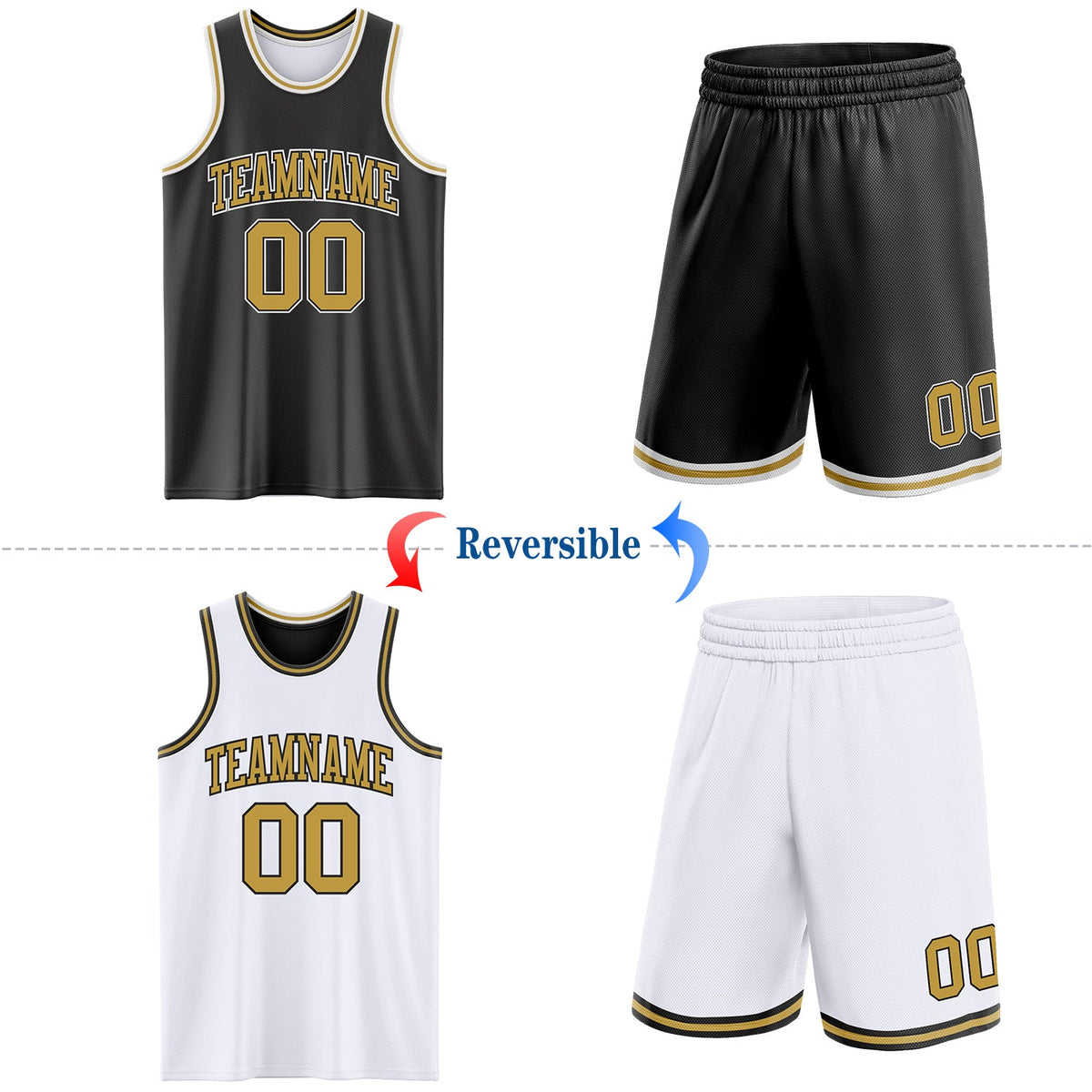 Custom Reversible Black Old Gold-White Double Side Sublimation Basketball Set Jersey - Back