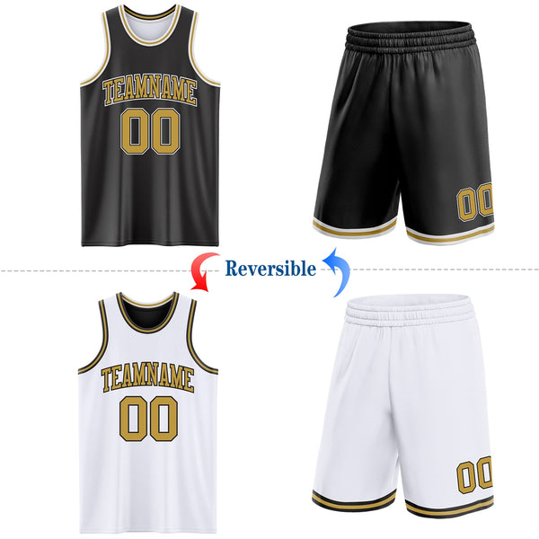 Custom Reversible Black Old Gold-White Double Side Sublimation Basketball Set Jersey alternate