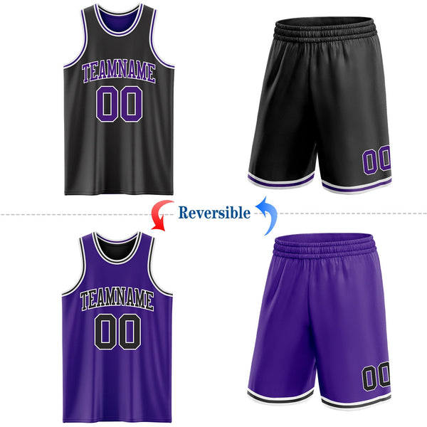 Custom Reversible Black Purple-White Double Side Sublimation Basketball Set Jersey alternate
