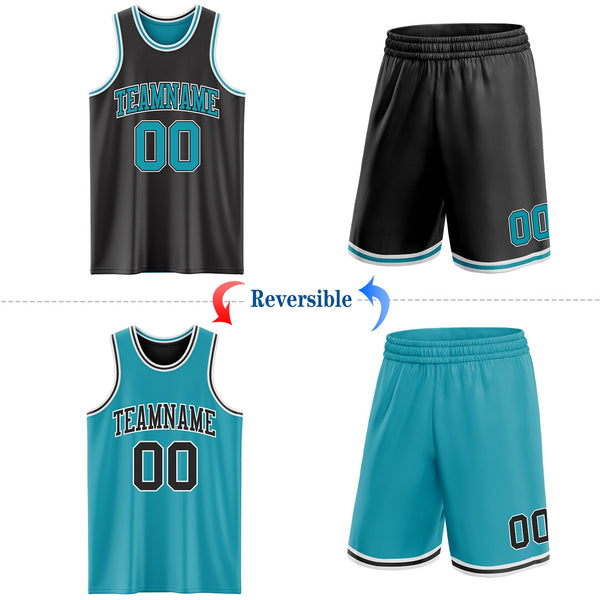 Custom Reversible Black Teal-White Double Side Sublimation Basketball Set Jersey alternate