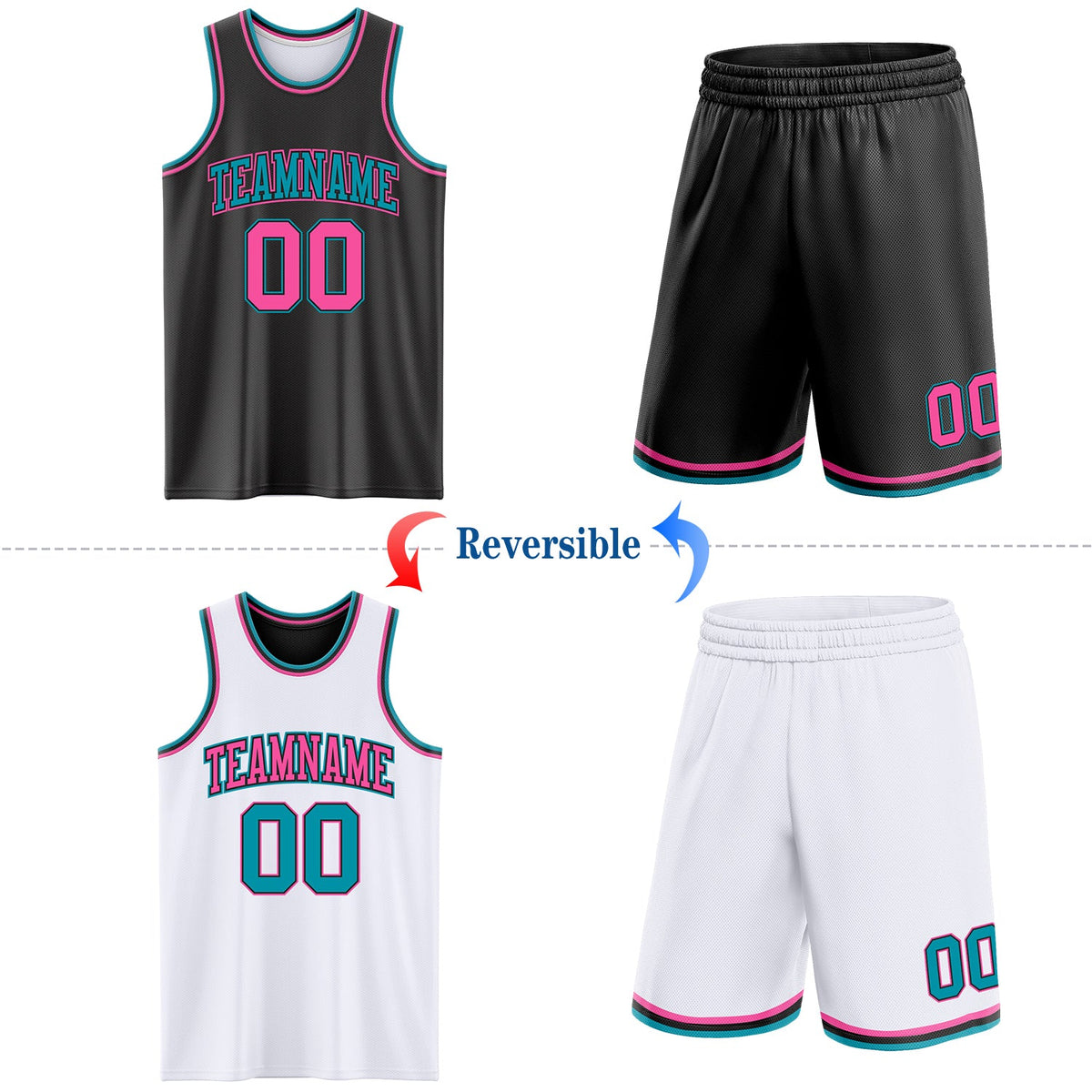 Custom Reversible Black Pink-Teal Double Side Sublimation Basketball Set Jersey - Back
