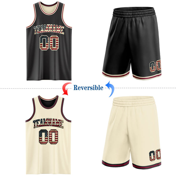 Custom Reversible Black Vintage USA Flag Cream-Maroon Double Side Sublimation Basketball Set Jersey alternate