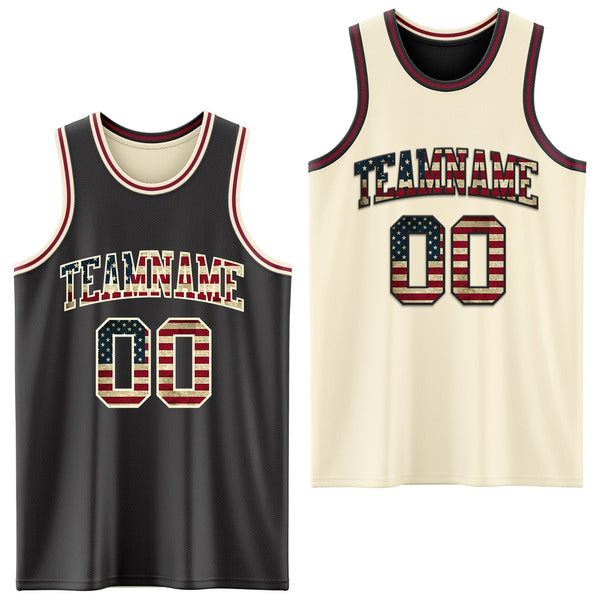 Custom Reversible Black Vintage USA Flag Cream-Maroon Double Side Sublimation Basketball Set Jersey