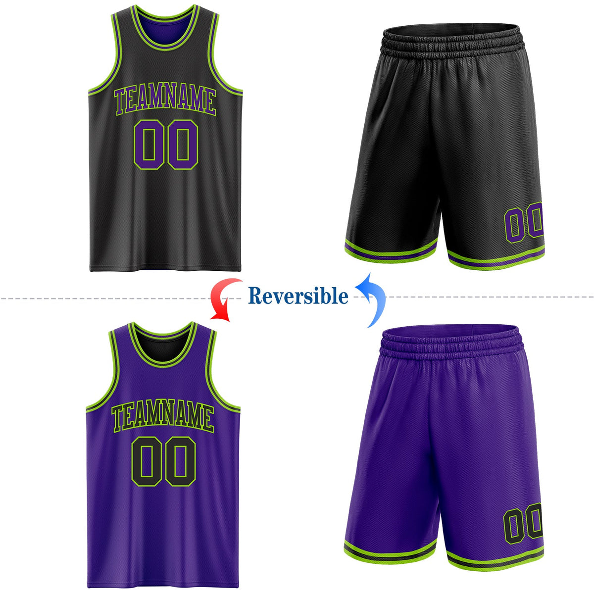 Custom Reversible Black Purple-Neon Green Double Side Sublimation Basketball Set Jersey - Back