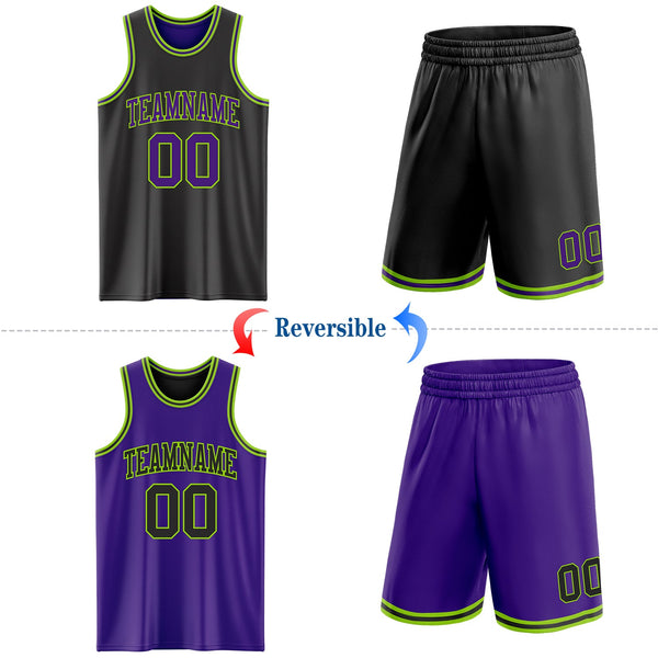 Custom Reversible Black Purple-Neon Green Double Side Sublimation Basketball Set Jersey alternate