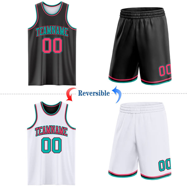 Custom Reversible Black Neon Pink-Aqua Double Side Sublimation Basketball Set Jersey alternate