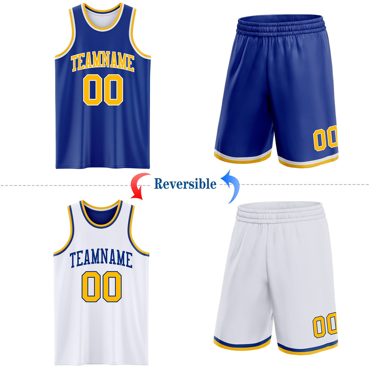 Custom Royal Gold-White Reversible Double Side Sublimation Basketball Set Jersey - Back