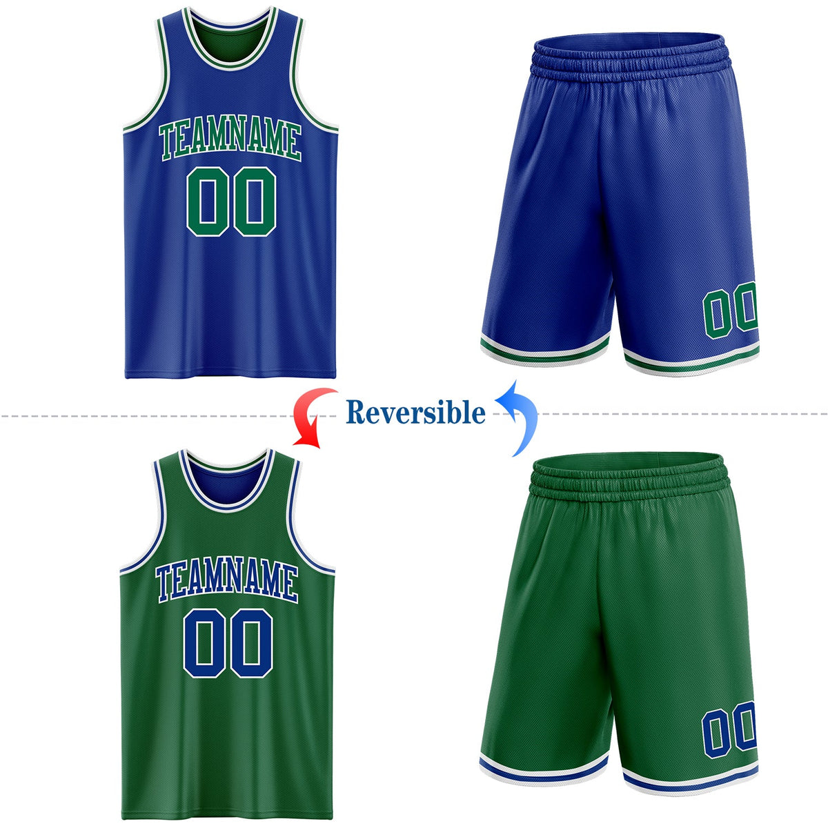 Custom Royal Kelly Green-White Reversible Double Side Sublimation Basketball Set Jersey - Back