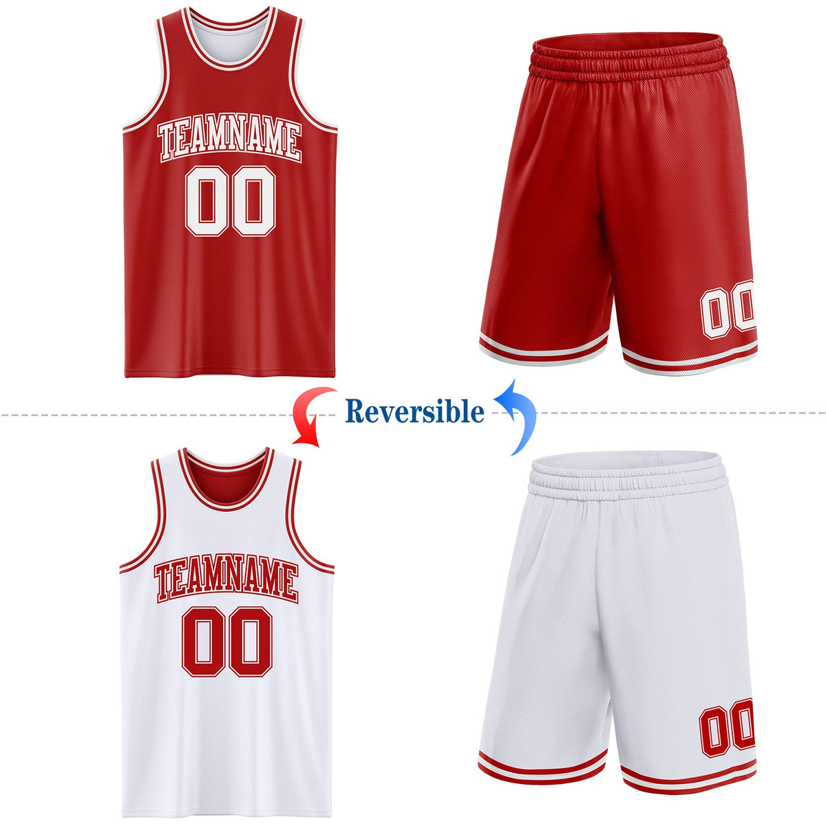 Custom Red White Reversible Double Side Sublimation Basketball Set Jersey - Back