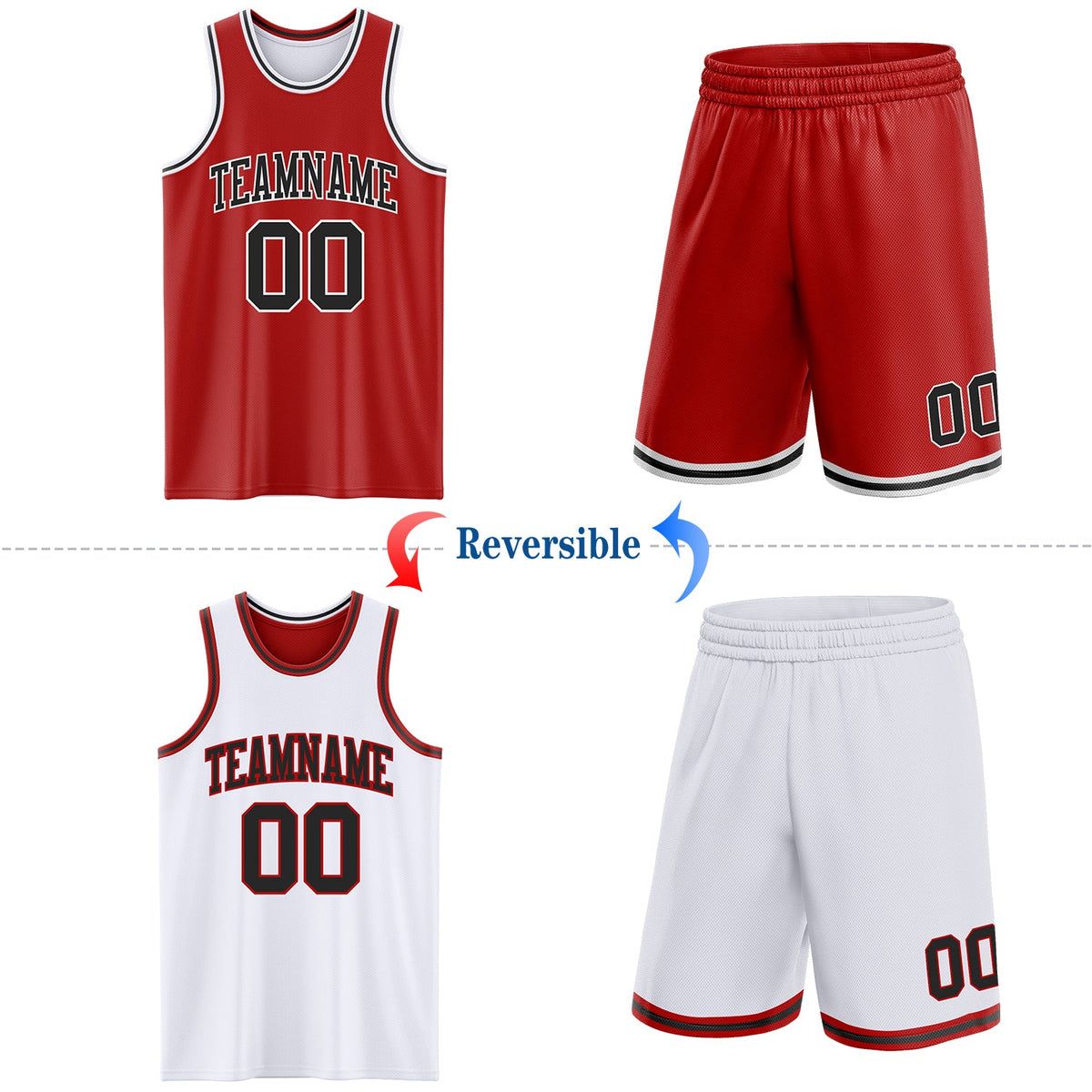 Custom Red Black-White Reversible Double Side Sublimation Basketball Set Jersey - Back