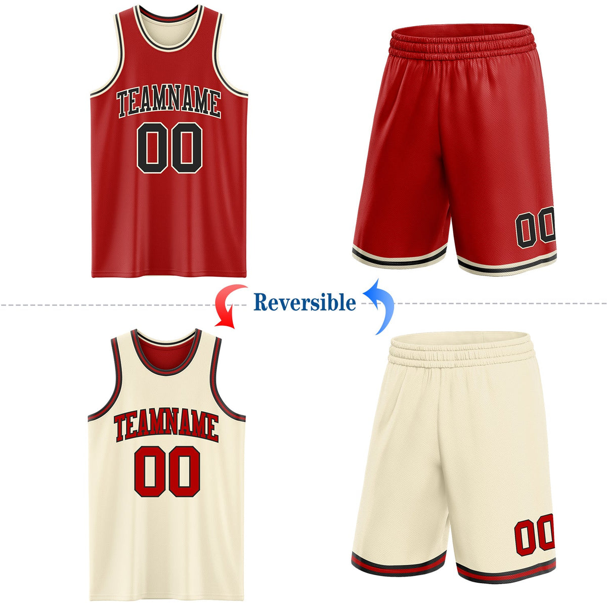 Custom Red Black-Cream Reversible Double Side Sublimation Basketball Set Jersey - Back