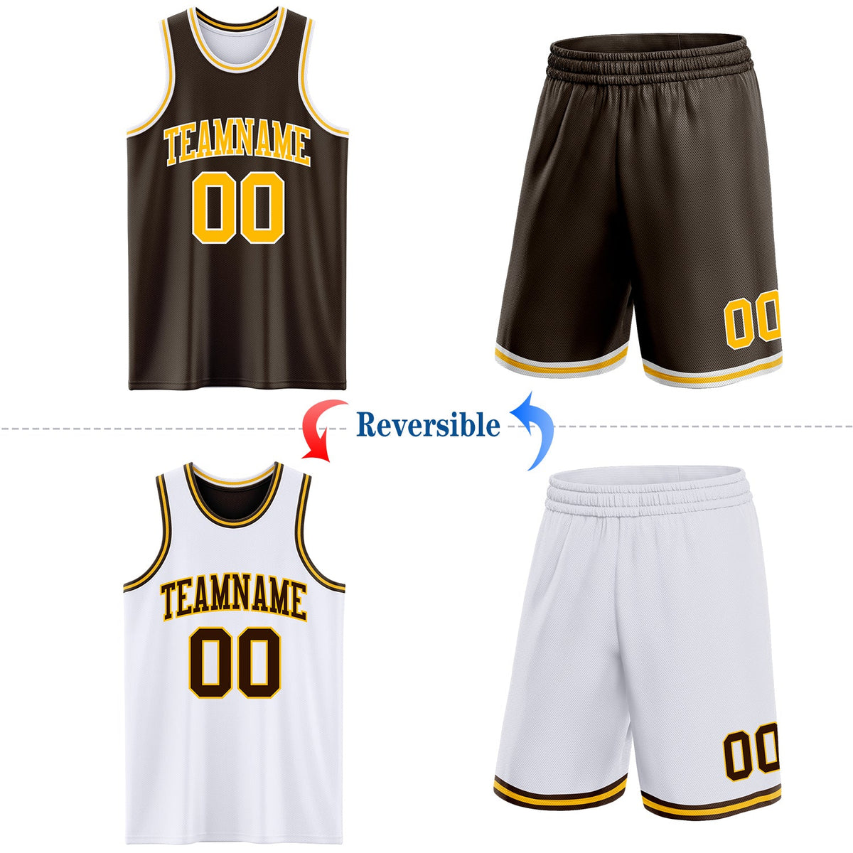 Custom Brown Gold-White Reversible Double Side Sublimation Basketball Set Jersey - Back