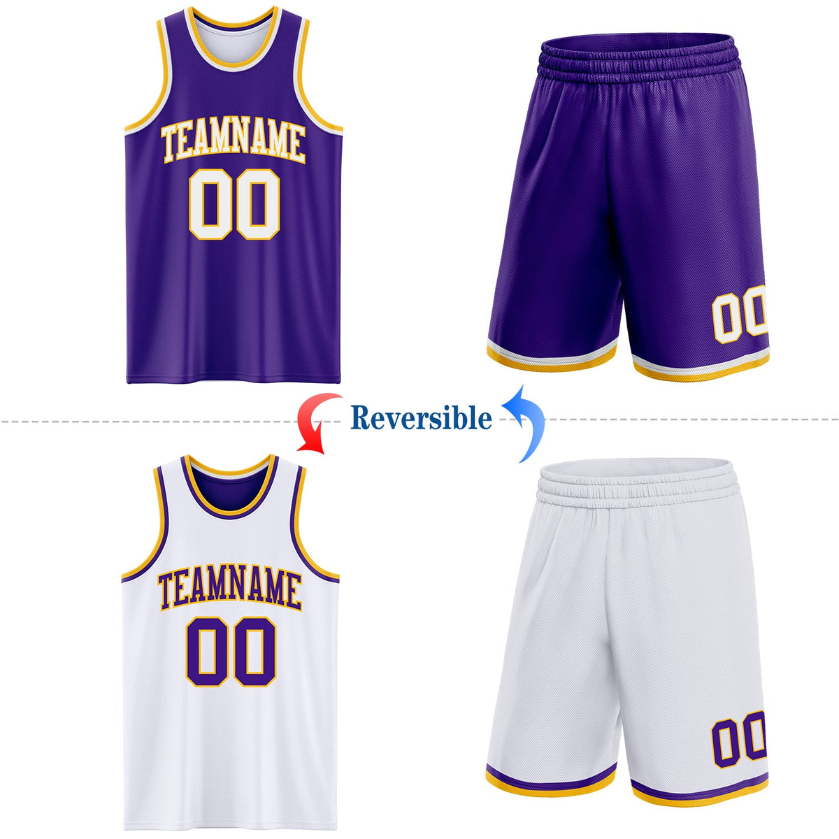 Custom Purple White-Gold Reversible Double Side Sublimation Basketball Set Jersey - Back