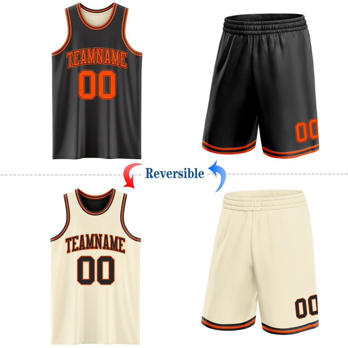 Custom Reversible Black Orange Double Side Sublimation Basketball Set Jersey - Back