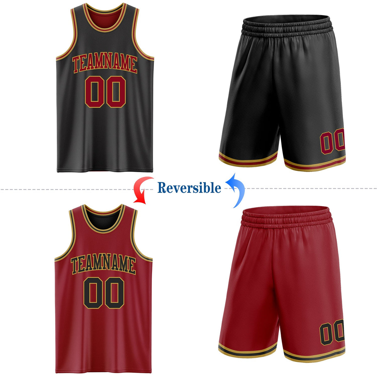 Custom Reversible Black Maroon-Old Gold Double Side Sublimation Basketball Set Jersey - Back