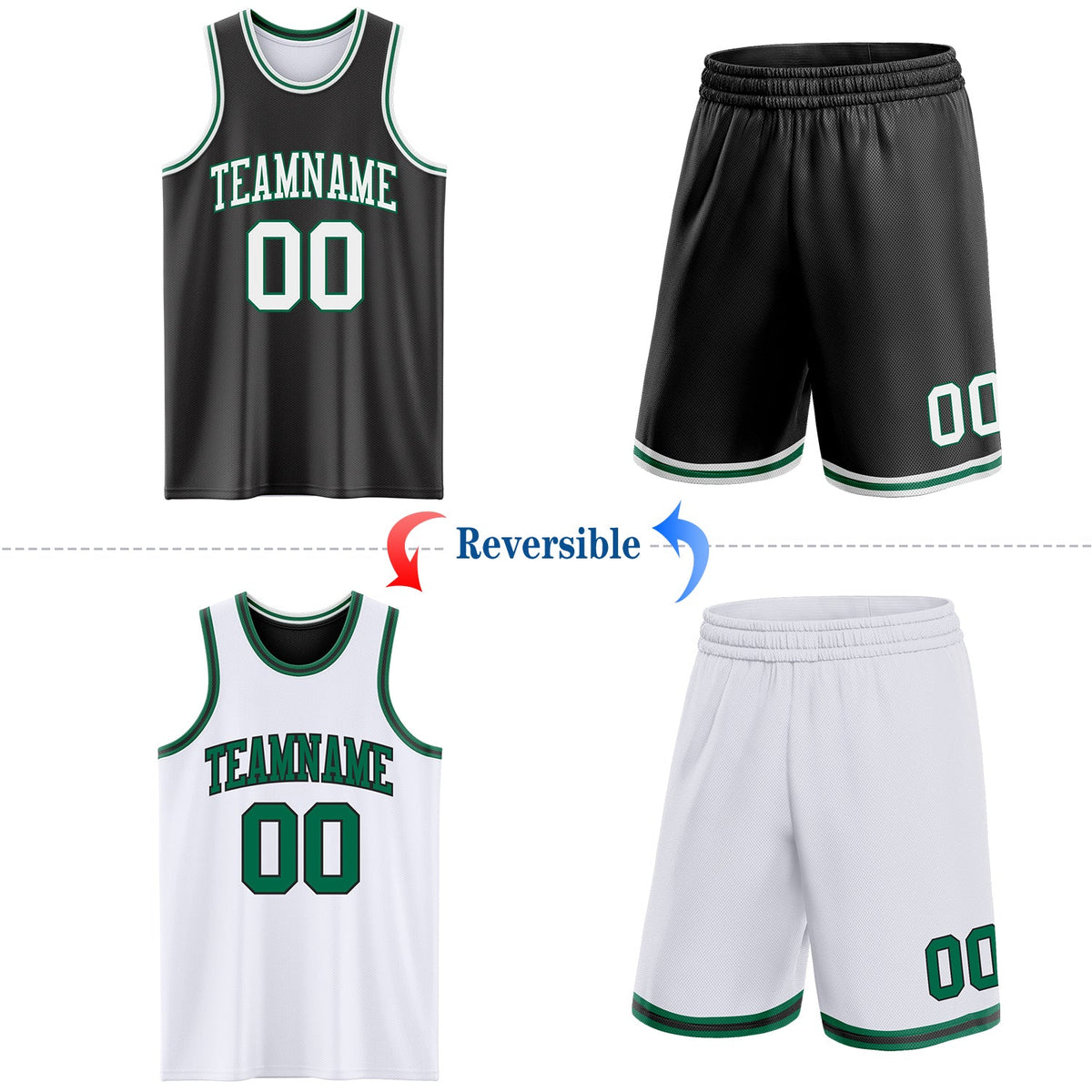 Custom Reversible Black White-Kelly Green Double Side Sublimation Basketball Set Jersey - Back