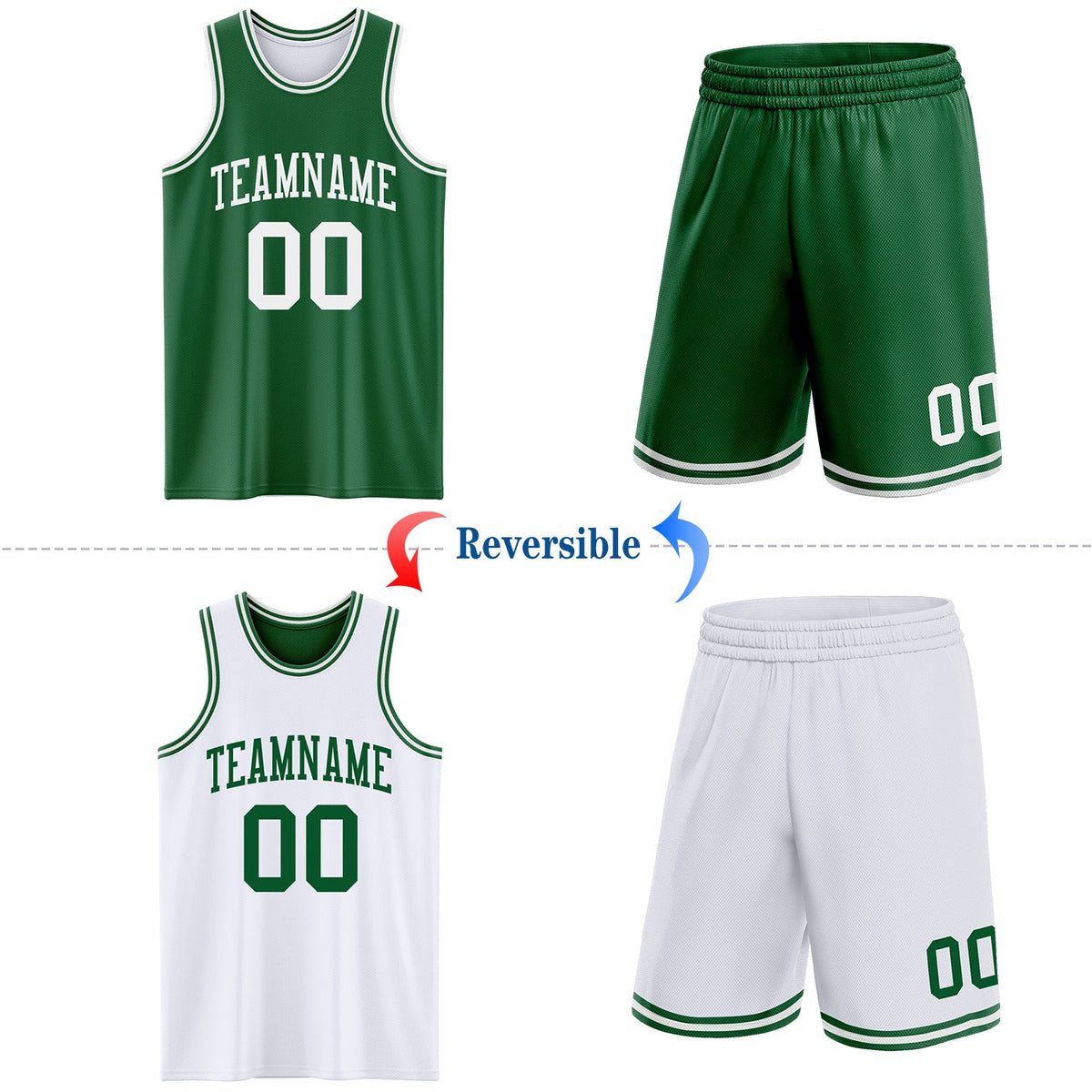 Custom Reversible Kelly Green White Double Side Sublimation Basketball Set Jersey - Back