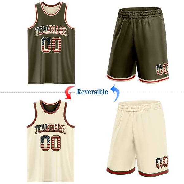 Custom Reversible Olive Vintage USA Flag Cream-Red Double Side Salute To Service Sublimation Basketball Set Jersey alternate