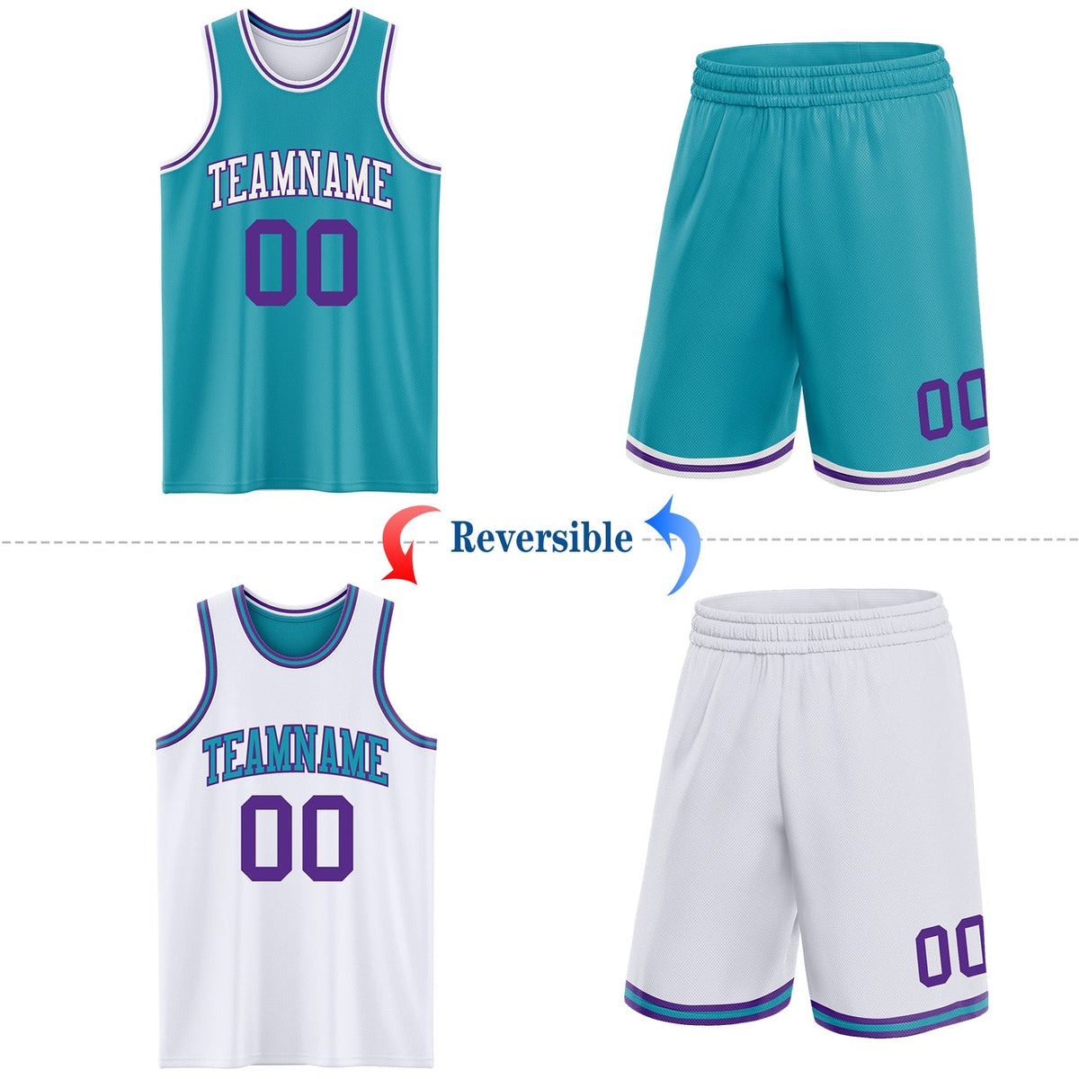 Custom Reversible Teal Purple-White Double Side Sublimation Basketball Set Jersey - Back