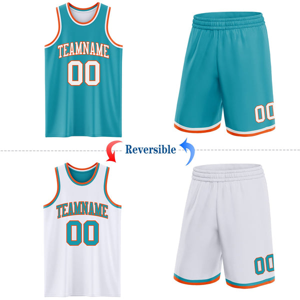 Custom Reversible Teal White-Orange Double Side Sublimation Basketball Set Jersey alternate