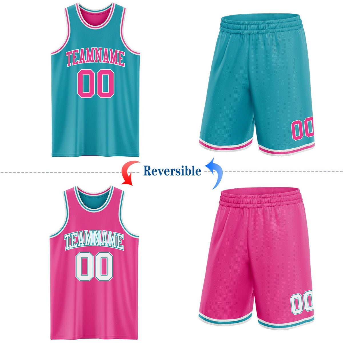 Custom Reversible Teal Pink-White Double Side Sublimation Basketball Set Jersey - Back