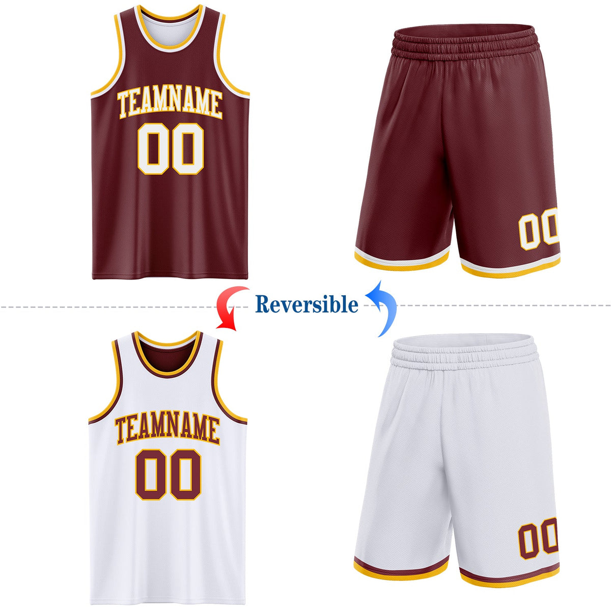 Custom Reversible Burgundy White-Gold Double Side Sublimation Basketball Set Jersey - Back
