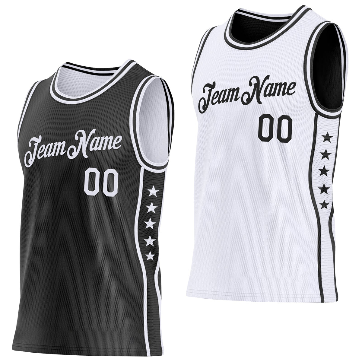 Custom Reversible Black White Double Side Star Sublimation Basketball Set Jersey