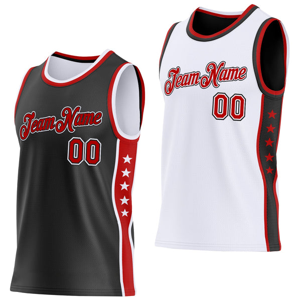 Custom Reversible Black Red-White Double Side Star Sublimation Basketball Set Jersey
