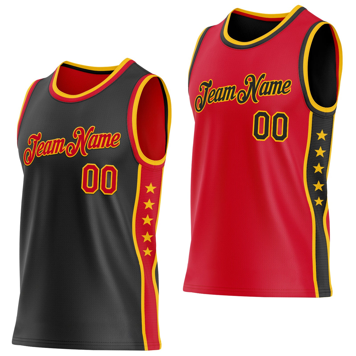 Custom Reversible Black Red-Gold Double Side Star Sublimation Basketball Set Jersey
