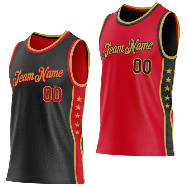 Custom Reversible Black Red-Old Gold Double Side Star Sublimation Basketball Set Jersey