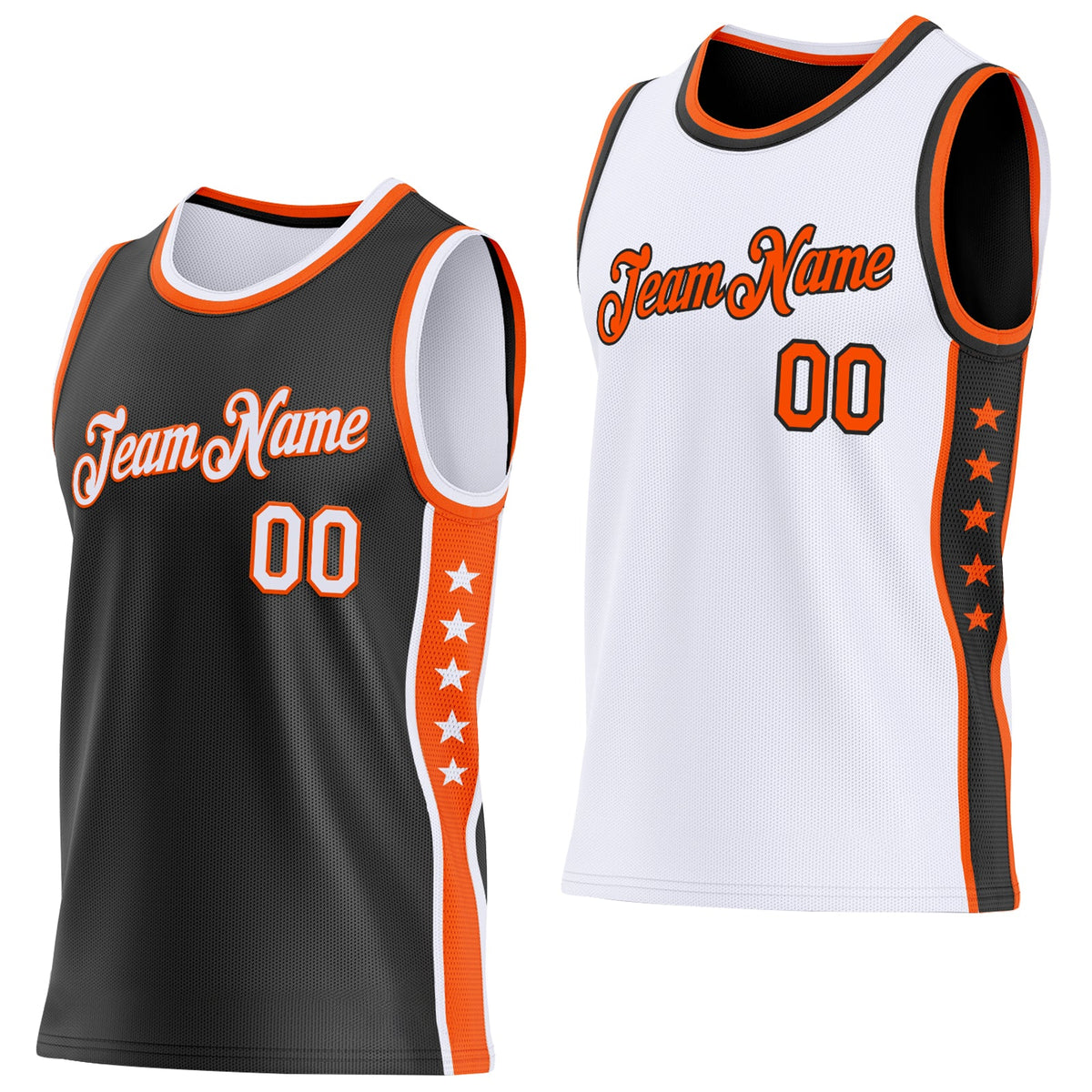 Custom Reversible Black White-Orange Double Side Star Sublimation Basketball Set Jersey