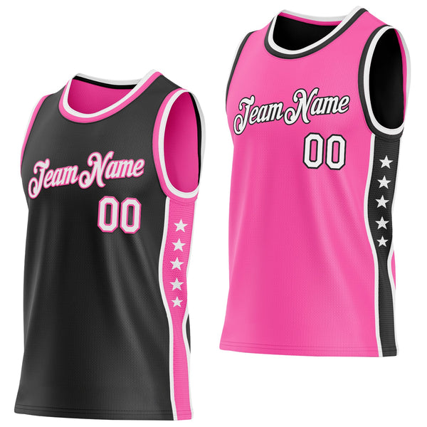 Custom Reversible Black White-Pink Double Side Star Sublimation Basketball Set Jersey