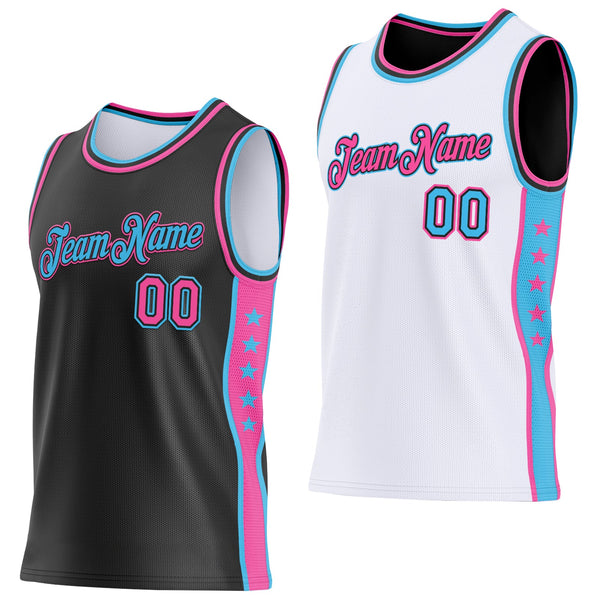 Custom Reversible Black Pink-Sky Blue Double Side Star Sublimation Basketball Set Jersey