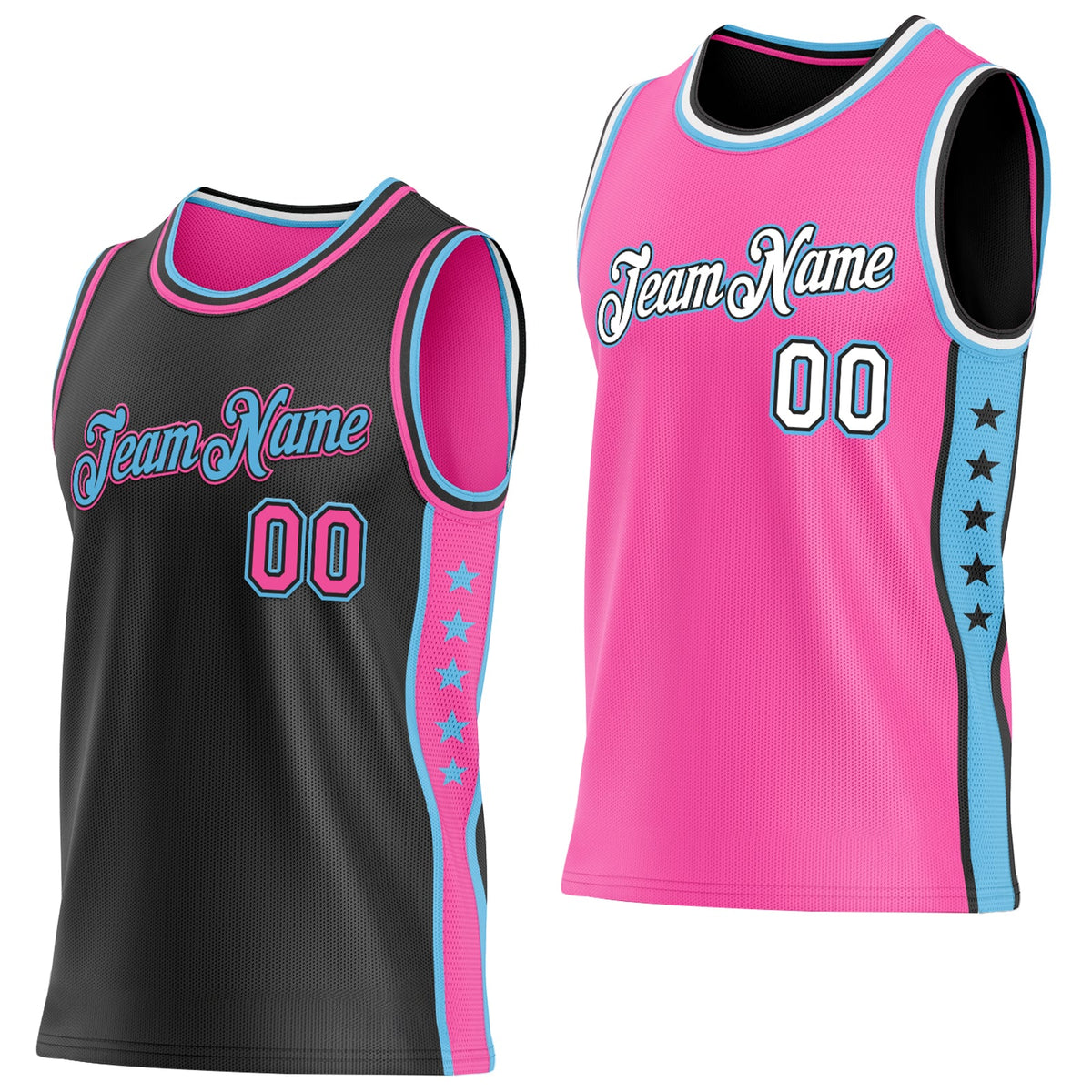 Custom Reversible Black Pink-Sky Blue Double Side Star Sublimation Basketball Set Jersey