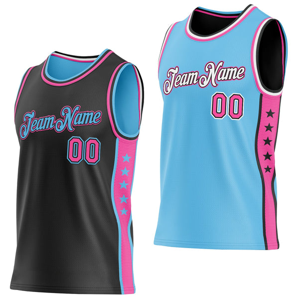Custom Reversible Black Pink-Sky Blue Double Side Star Sublimation Basketball Set Jersey