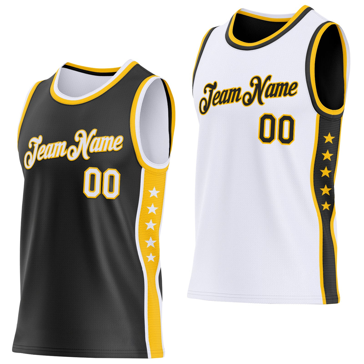 Custom Reversible Black White-Gold Double Side Star Sublimation Basketball Set Jersey