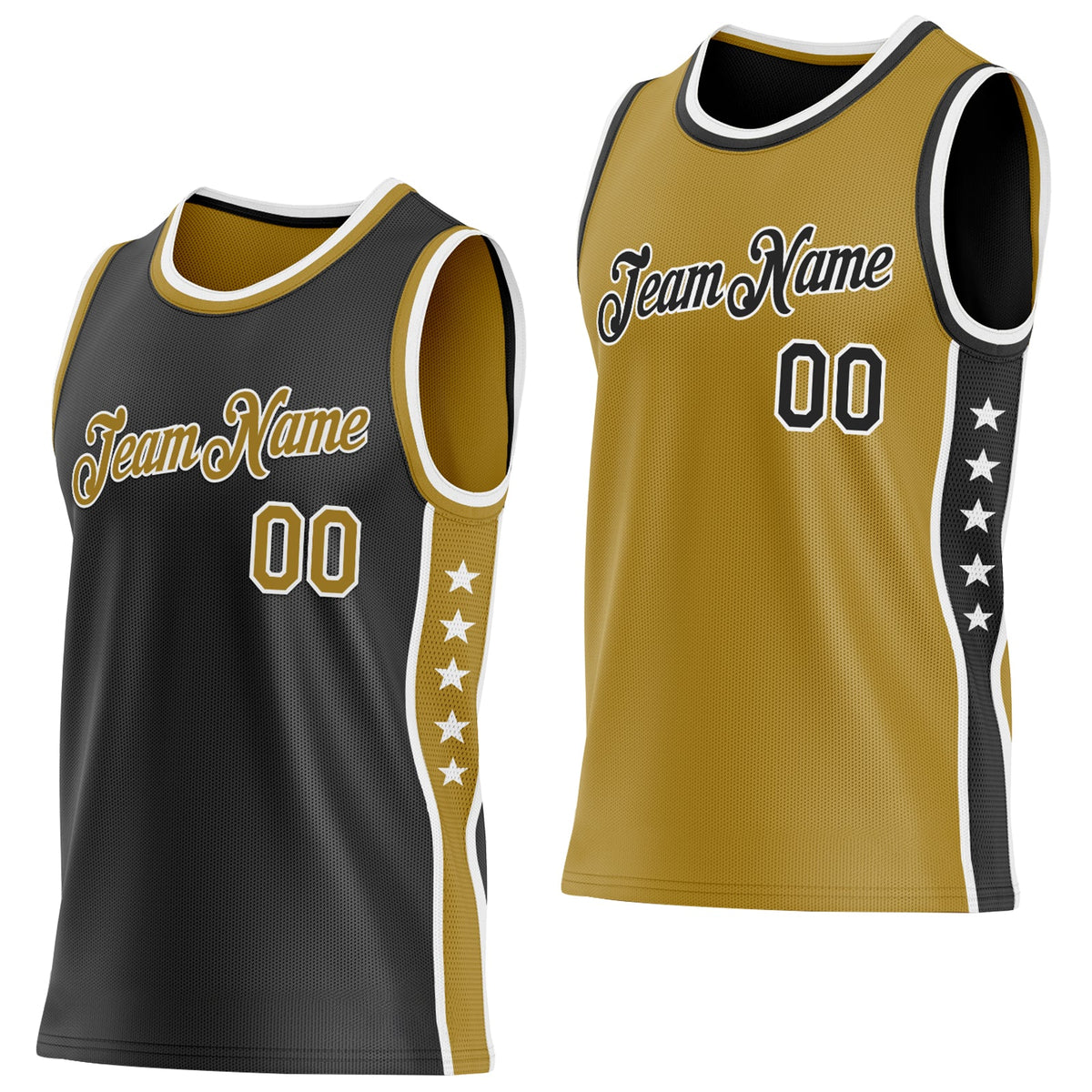 Custom Reversible Black Old Gold-White Double Side Star Sublimation Basketball Set Jersey