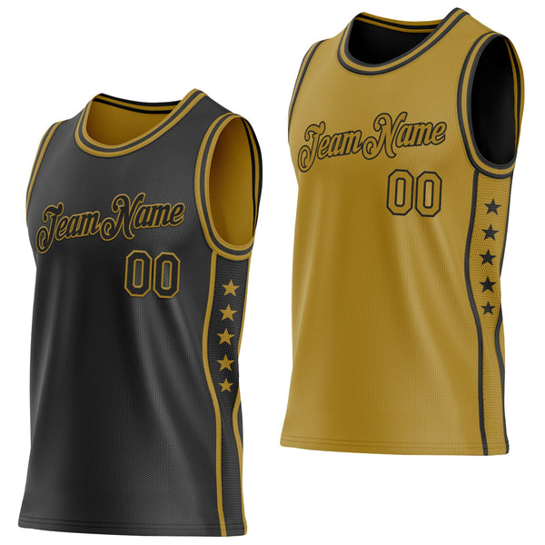 Custom Reversible Black Old Gold Double Side Star Sublimation Basketball Set Jersey